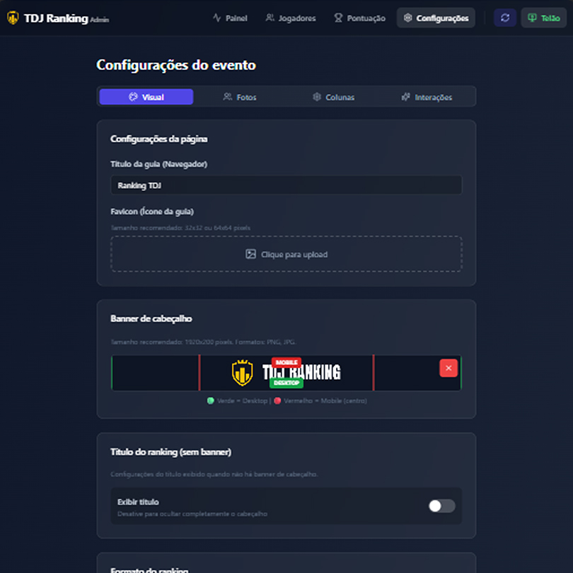 Configurações do evento na plataforma Ranking TDJ
